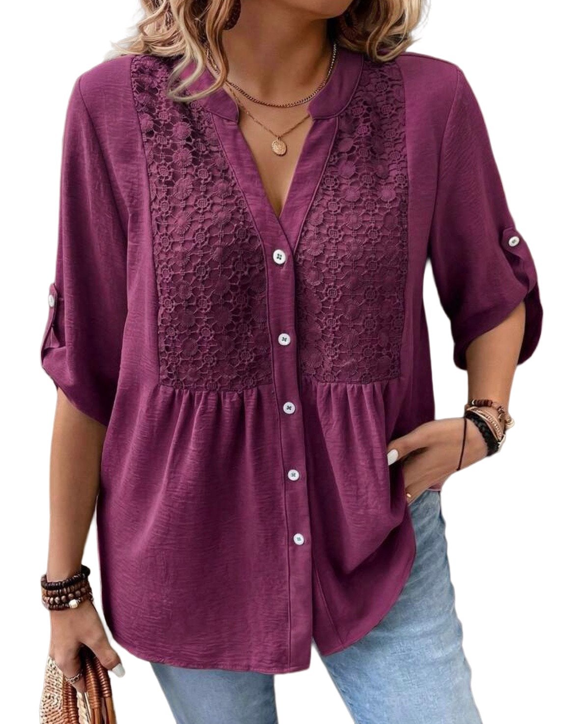 Elegante paarse blouse met kanten details (44-52), Kleding | Dames, Grote Maten, Verzenden, Nieuw, Paars, Blouse of Tuniek