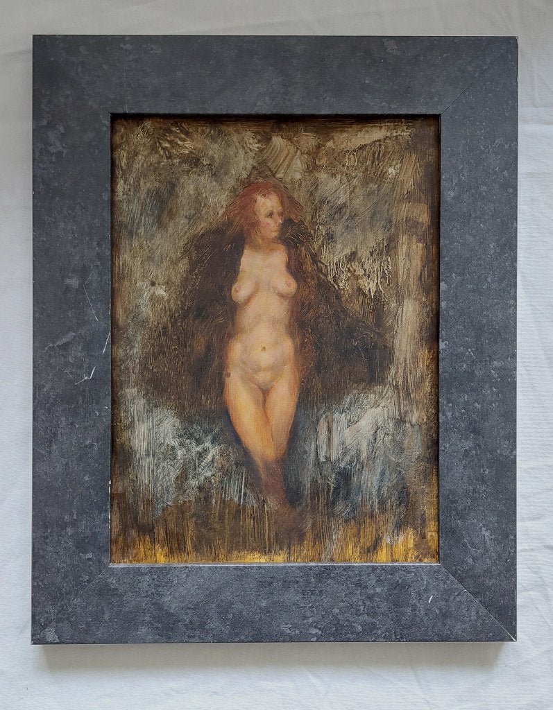Schilderijtje van Naakte Vrouw in Bontje - Olieverf, Portret of Personen, Ophalen of Verzenden, Gesigneerd, Olieverf