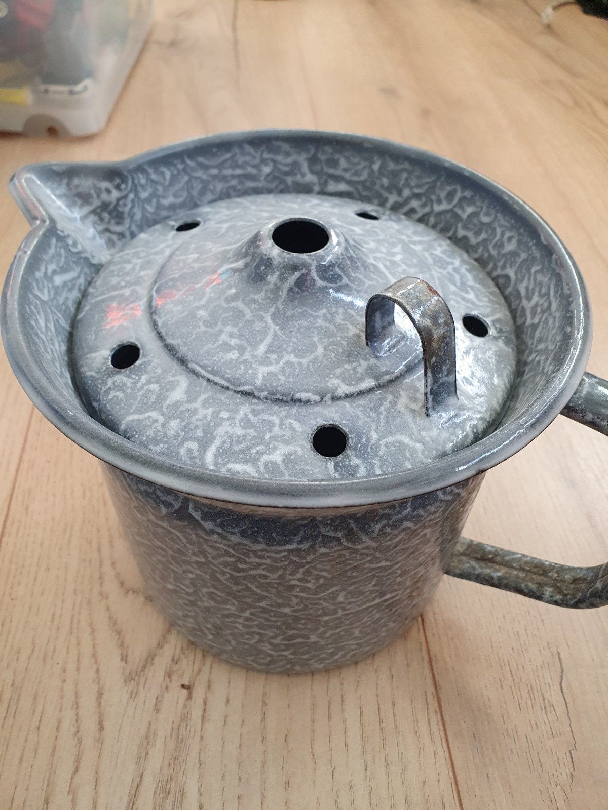 Vintage geëmailleerde melkkoker met deksel - Grijs gevlekt, Antiek en Kunst, Ophalen of Verzenden