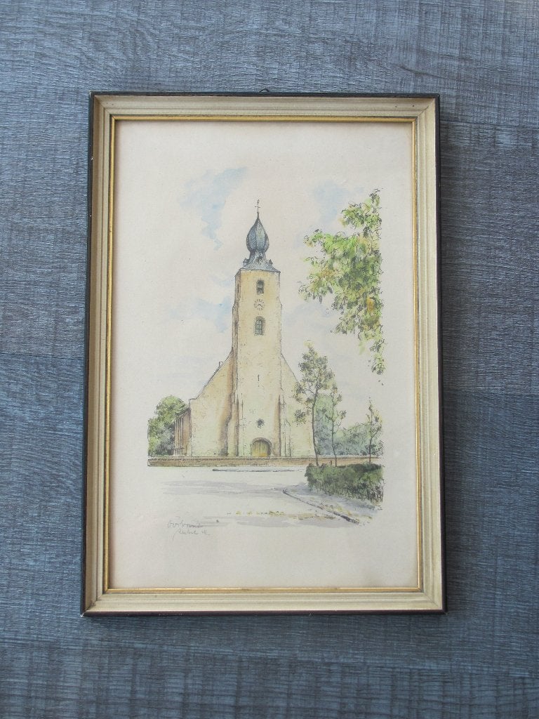 Oostvoorne - Gerard van Berkel (1920-1980), Origineel, 31 cm, Stadsgezicht, Ophalen of Verzenden