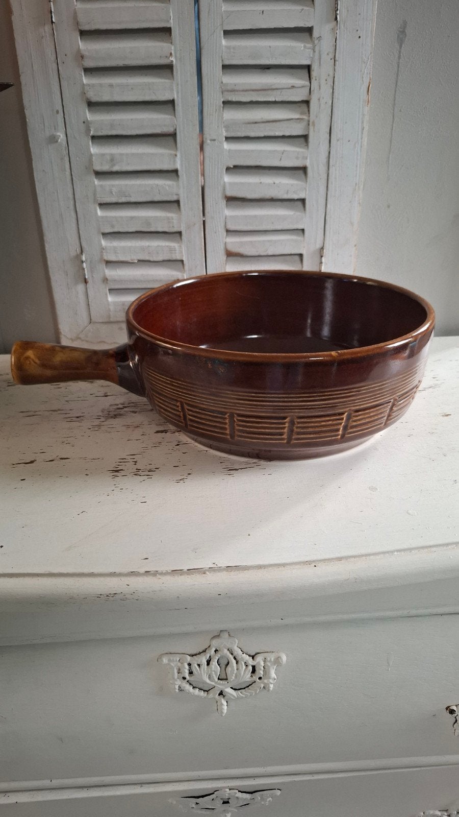Vintage aardewerken pan met handvat, 2 liter, Ophalen of Verzenden
