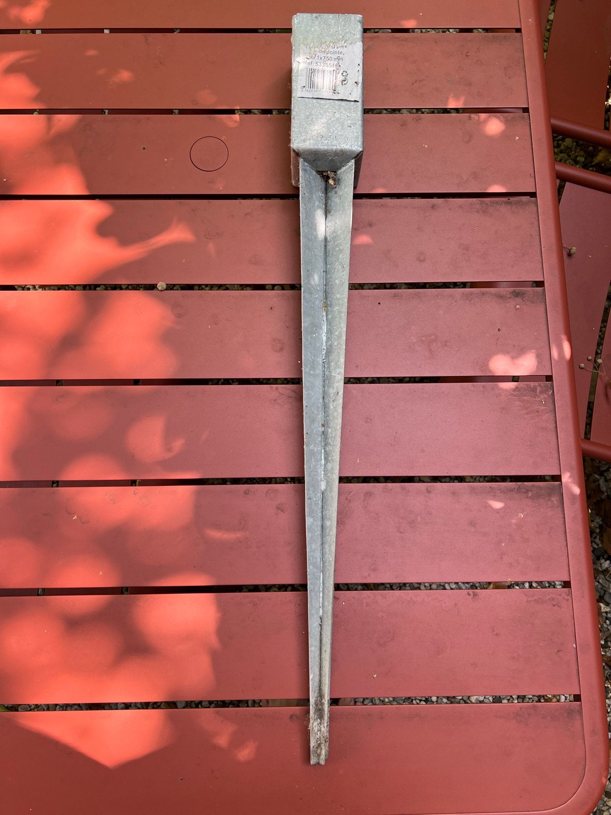 Verzinkte paalpunthouder en houten paal, Tuin en Terras, Palen, Balken en Planken, Ophalen, Palen, Zo goed als nieuw, Hardhout