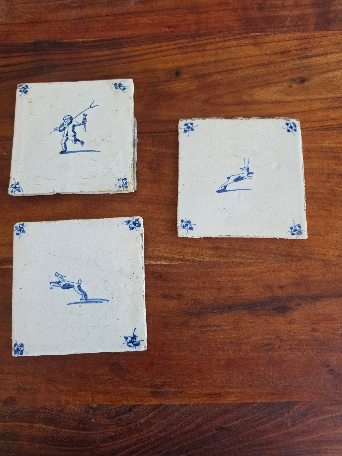 Set van 3 antieke Delfts blauwe tegels met jachttaferelen, Ophalen of Verzenden