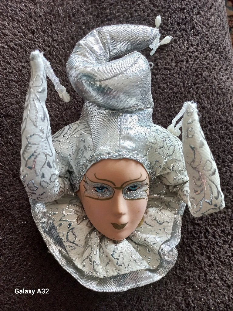 Venetiaans Masker zilverkleurige wanddecoratie uit Venetië, Wandsculptuur, Zilver, Textiel, Ophalen of Verzenden