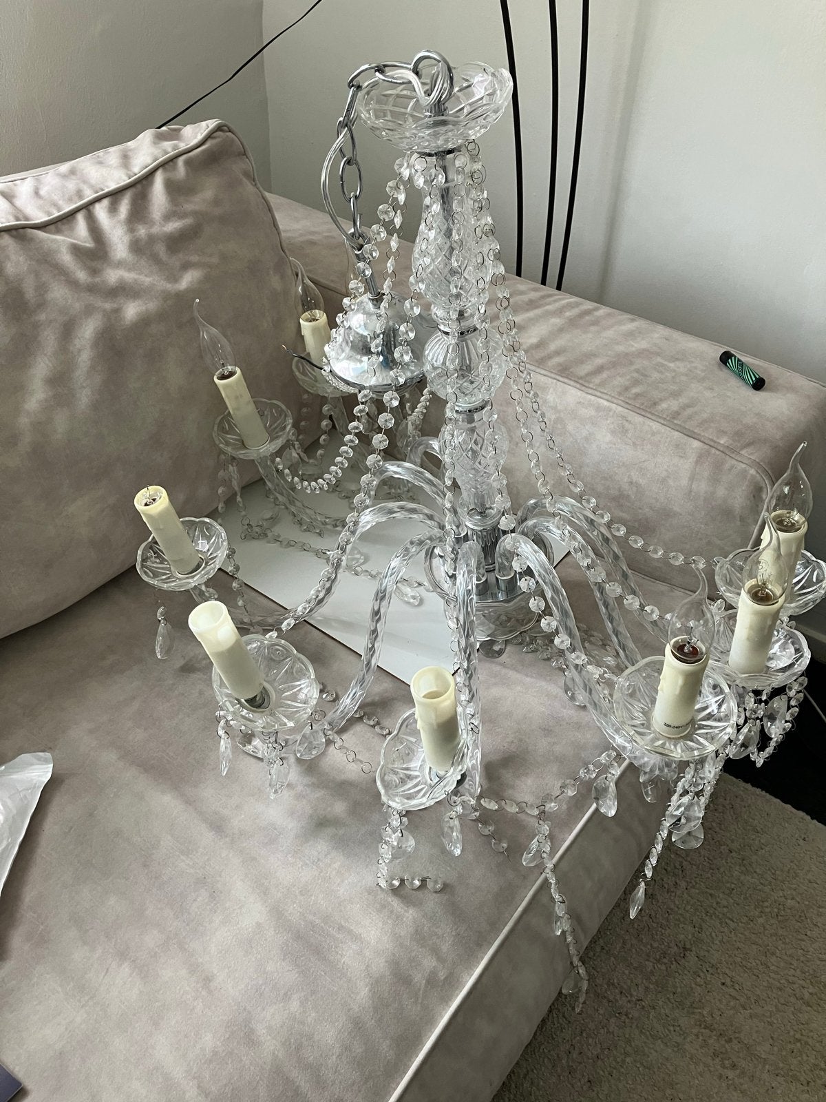 Kroonluchter met diamant-look kristallen, Ophalen of Verzenden, Gebruikt, Glas, Diamant-Cristal