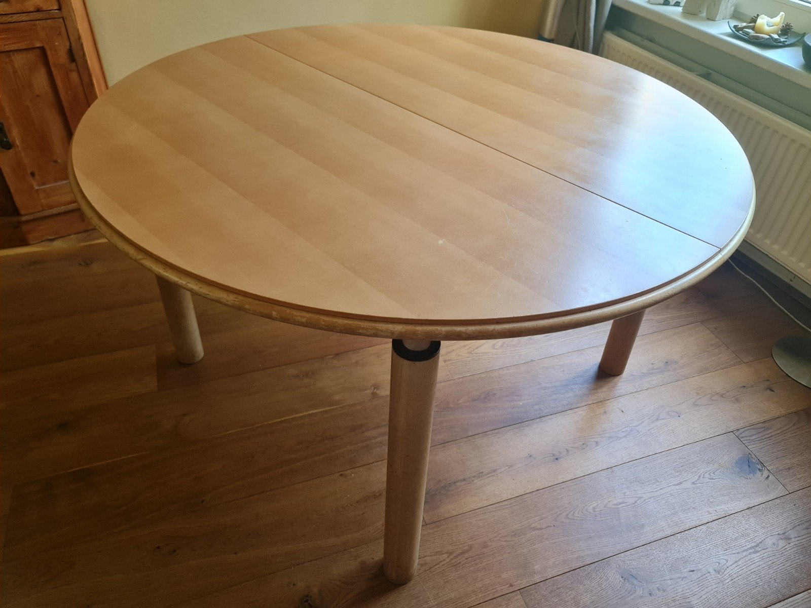 Ronde eettafel uitschuifbaar, Ophalen, Gebruikt, 100 tot 150 cm, Rond