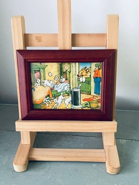 Ingelijste vintage prent Sprookje Wolf en de zeven geitjes., Ophalen, Zo goed als nieuw, Wanddecoratie, Meerkleurig