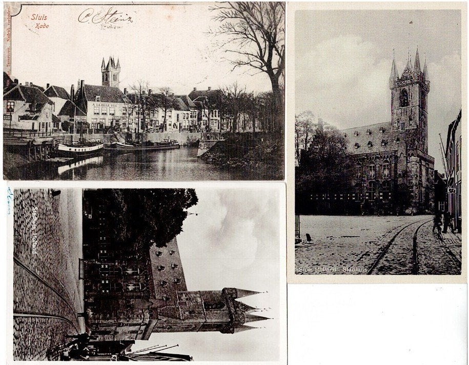 Oude Ansichtkaarten Sluis: Kade, Stadhuis en Meer, Verzenden, 1920 tot 1940, Gelopen, Zeeland