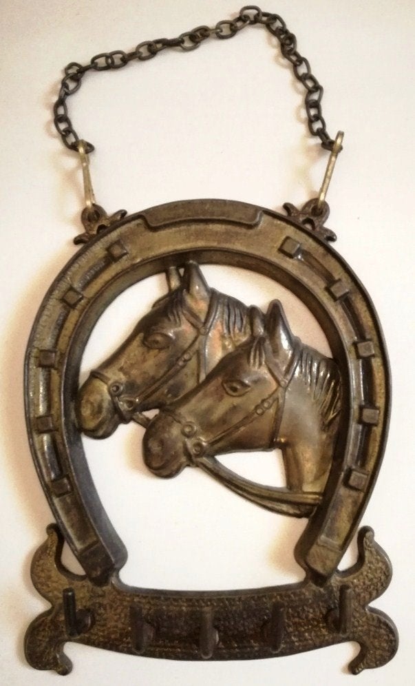 Vintage koperen paard hoefijzer sleutelrek met 2 paardenkop, Huis en Inrichting, Wandkapstok, Ophalen of Verzenden, Zo goed als nieuw