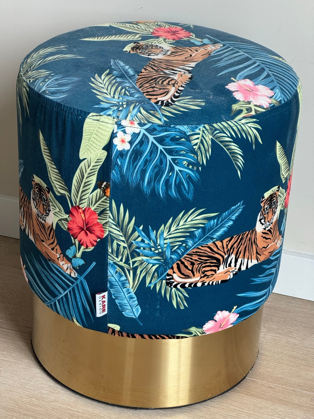 Poef met Tijgerprint en Goudkleurige Basis, Ophalen, Minder dan 50 cm, Rond, Zo goed als nieuw