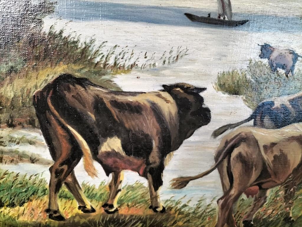 Olieverfschilderij: Koeien aan de waterkant, Ophalen of Verzenden