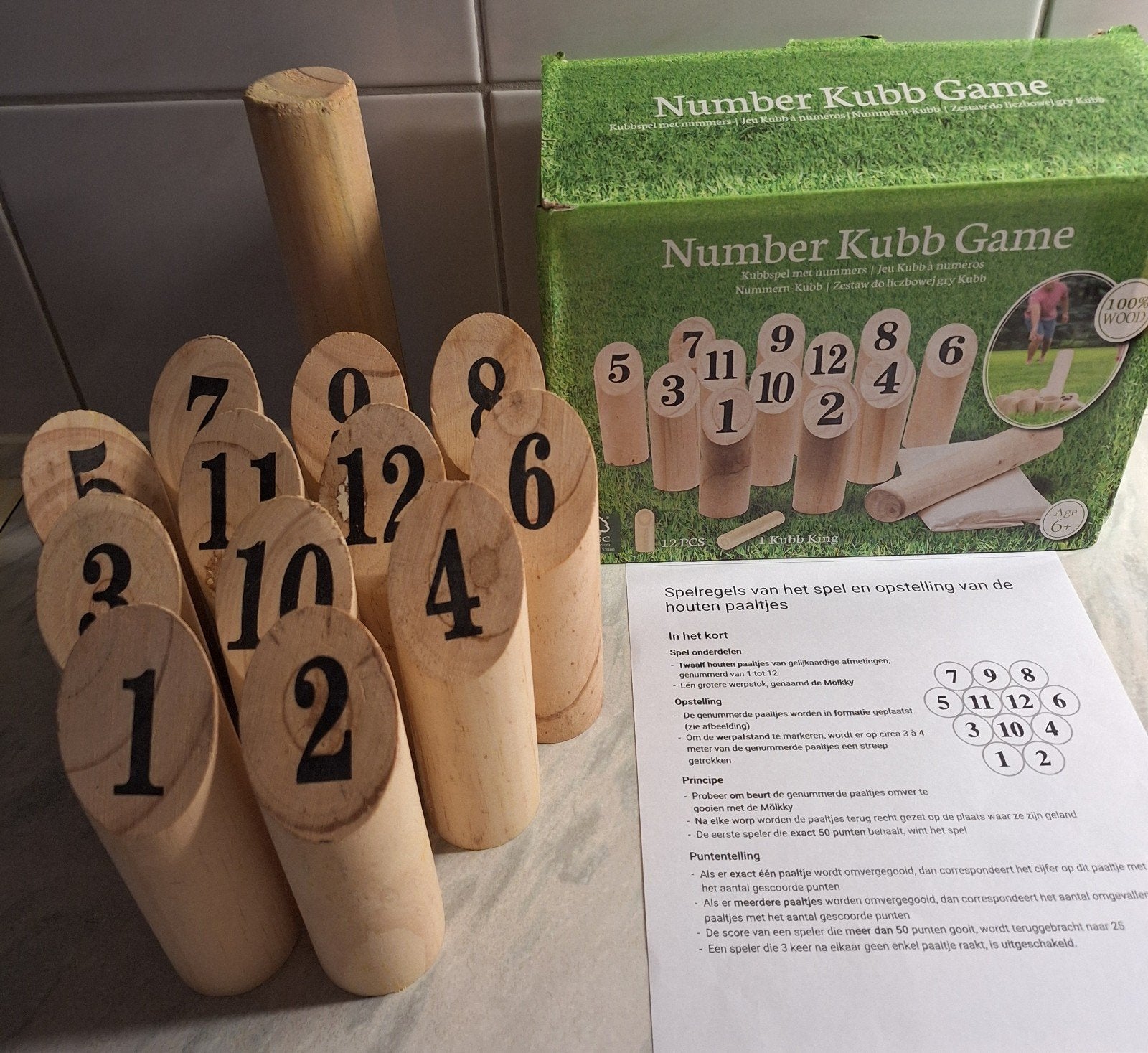 kubb, Scandinavisch houten werpspel met spelregels, Ophalen of Verzenden, Zo goed als nieuw