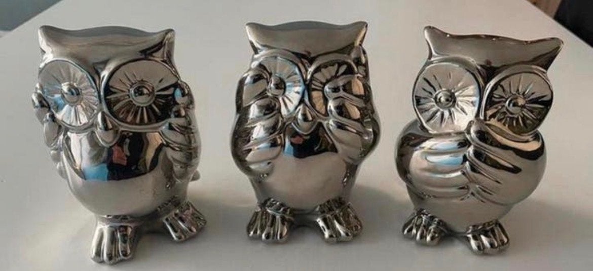 Horen Zien Zwijgen Uilen - Zilverkleurig - 15 cm hoog, Ophalen of Verzenden, Nieuw, Zilver, Overige materialen