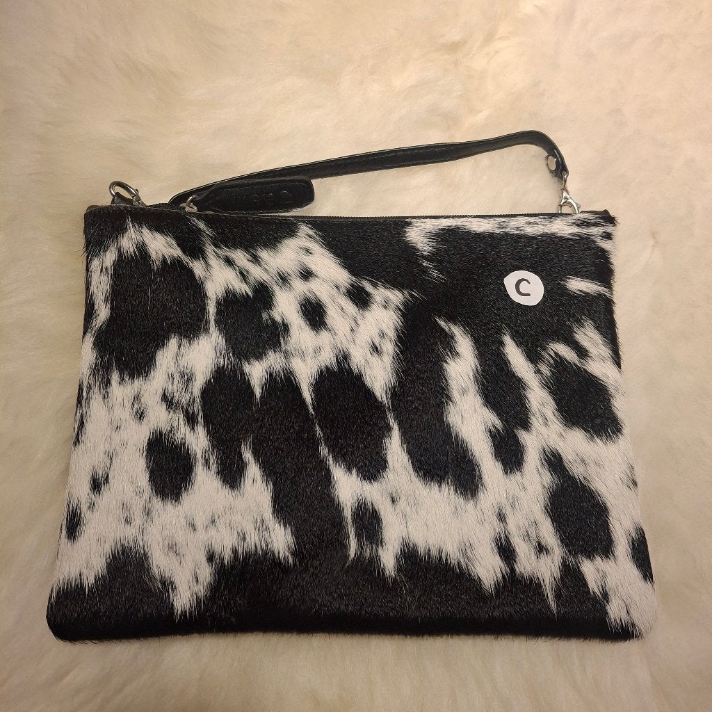 Handgemaakte leren tas - Koeienvacht zwart/wit gevlekt, Overige kleuren, Schoudertasje, Nieuw