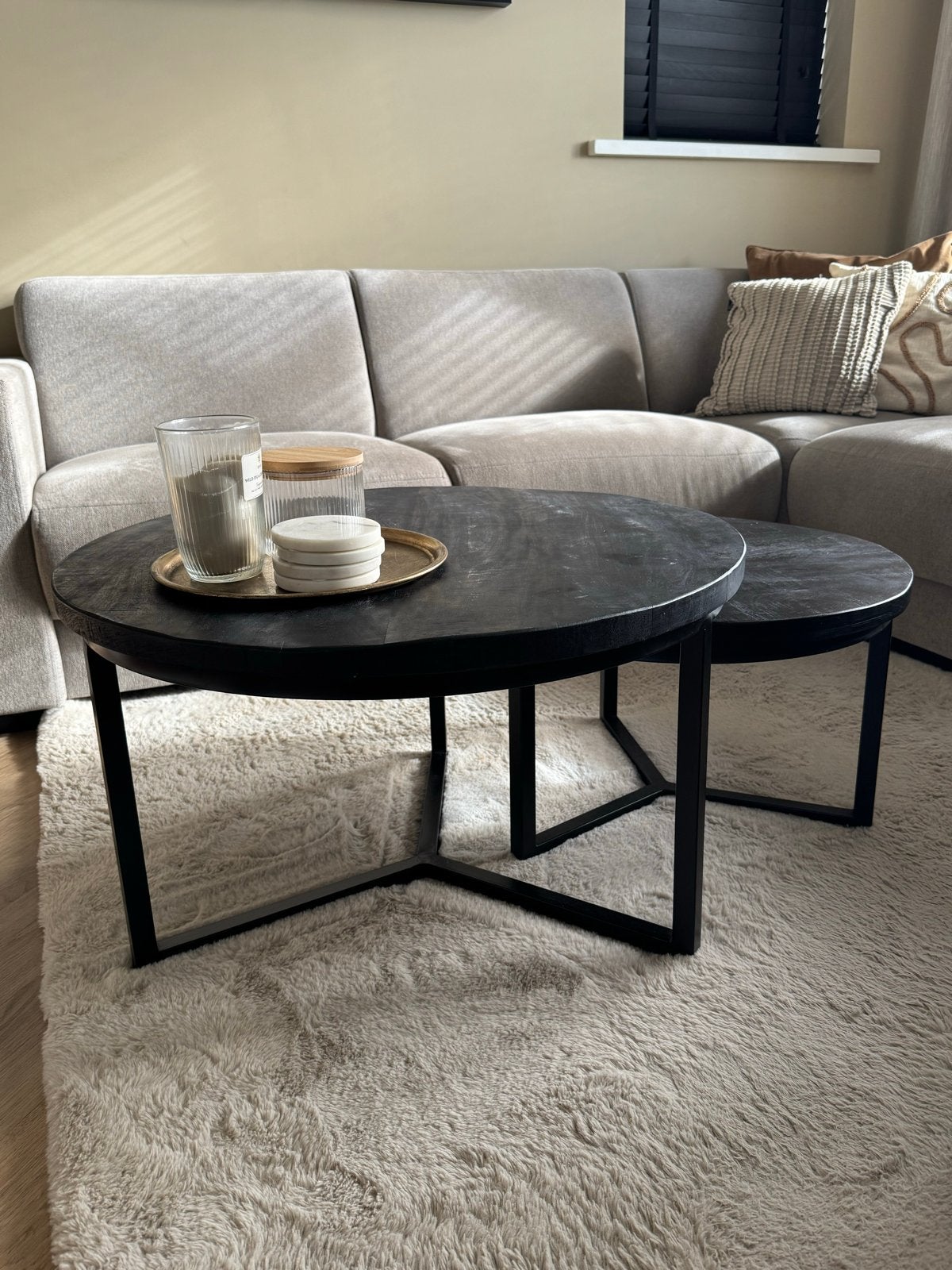 Salontafelset zwart mangohout, Ophalen, Rond, 50 tot 100 cm, Zo goed als nieuw