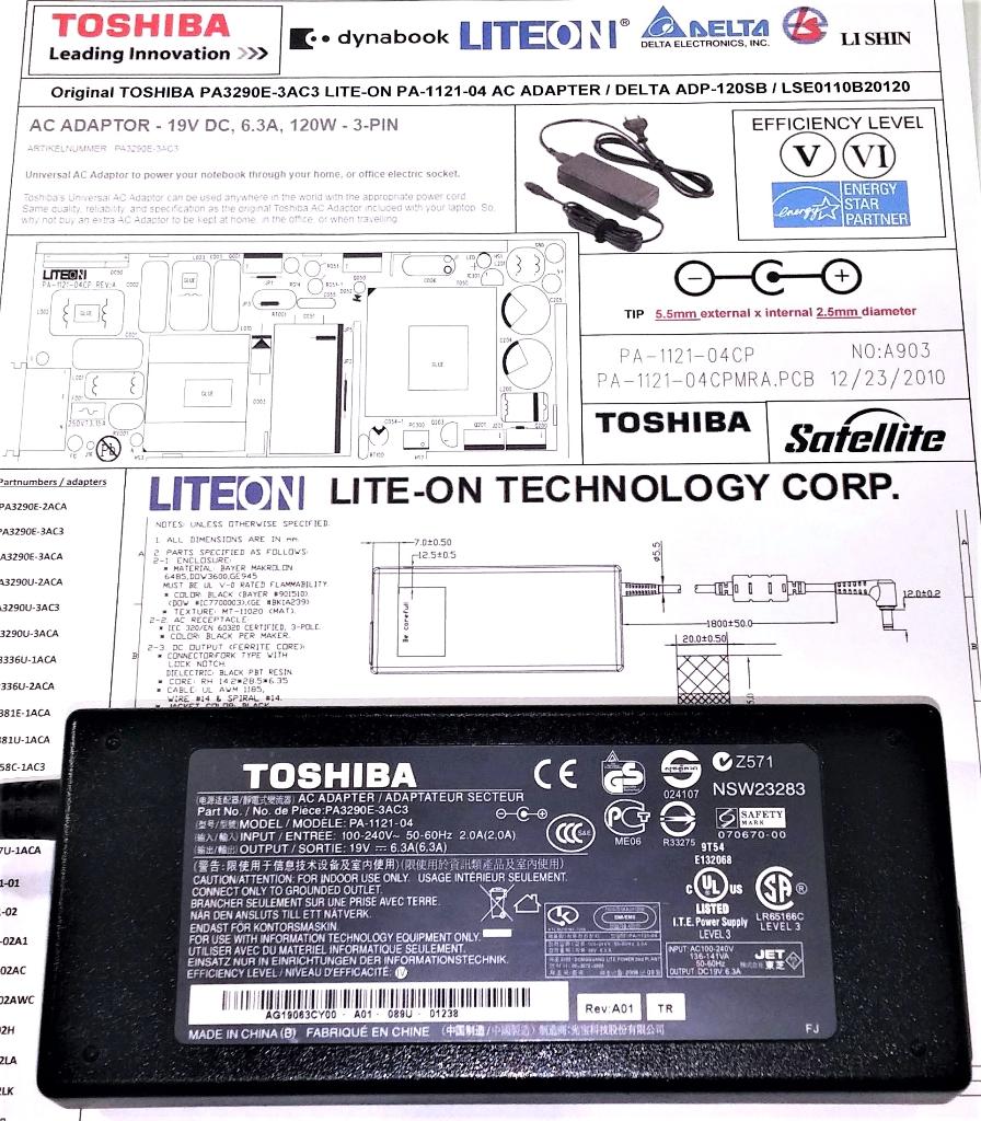 Toshiba PA3290E-3AC3 LITE-ON PA-1121-0 19V 6.3A 120W Adapter