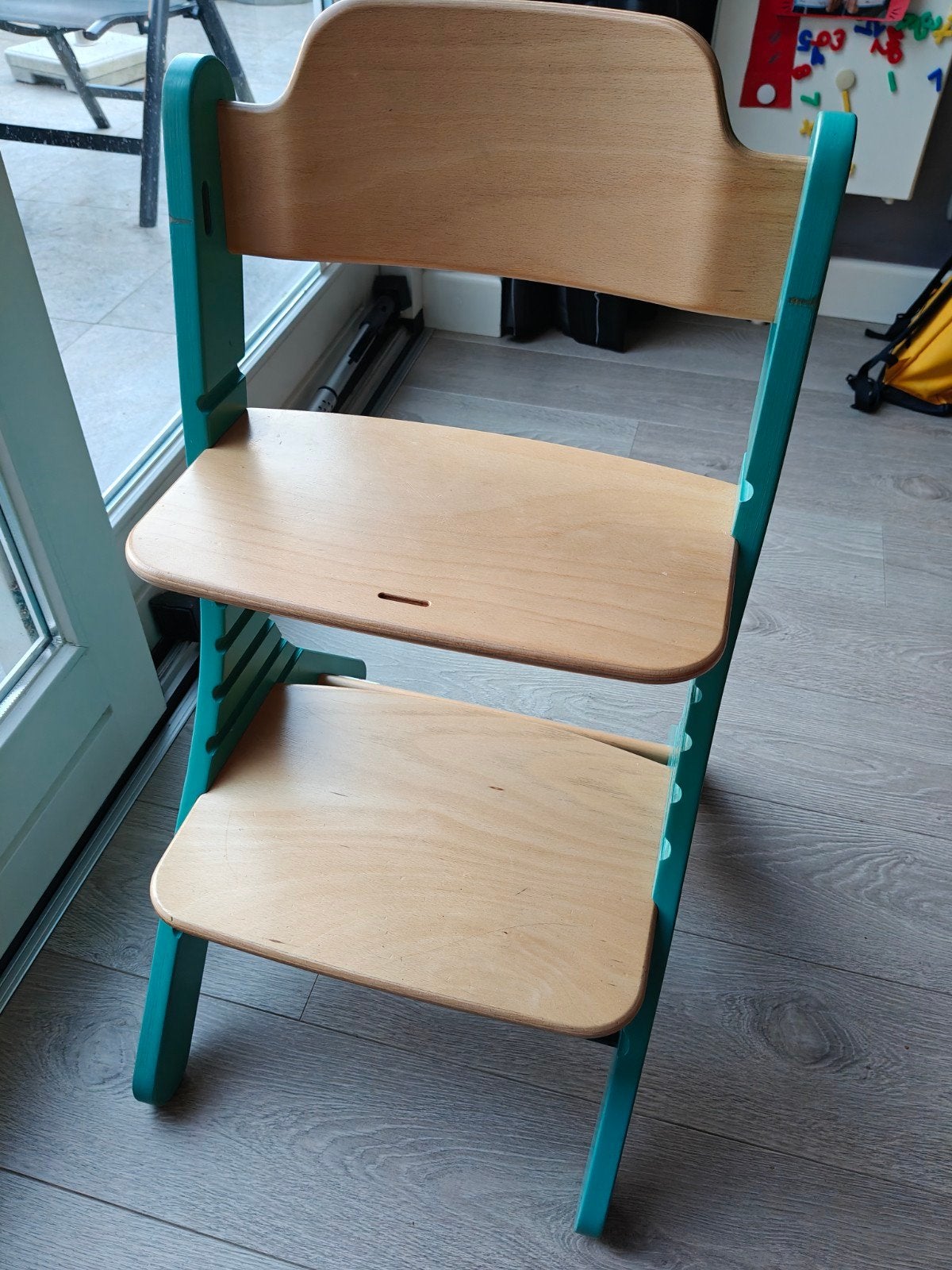 Dapper Meegroeistoel - Turquoise/Hout, Ophalen, Gebruikt, Meegroeistoel, Aanschuifbaar