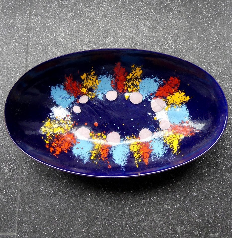 Vintage schaal emaille blauw geel rood wit roze ovaal, Gebruikt, Schaal, Ophalen of Verzenden, Metaal
