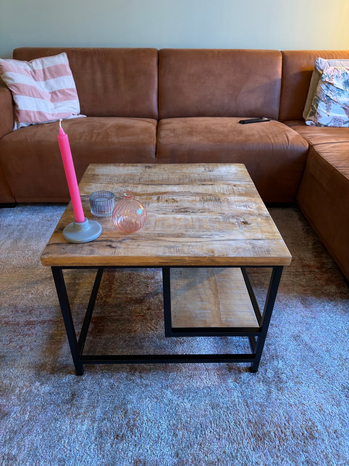 Mango houten salontafel 60x60 cm met metalen frame, Ophalen, Gebruikt, Vierkant, 50 tot 100 cm