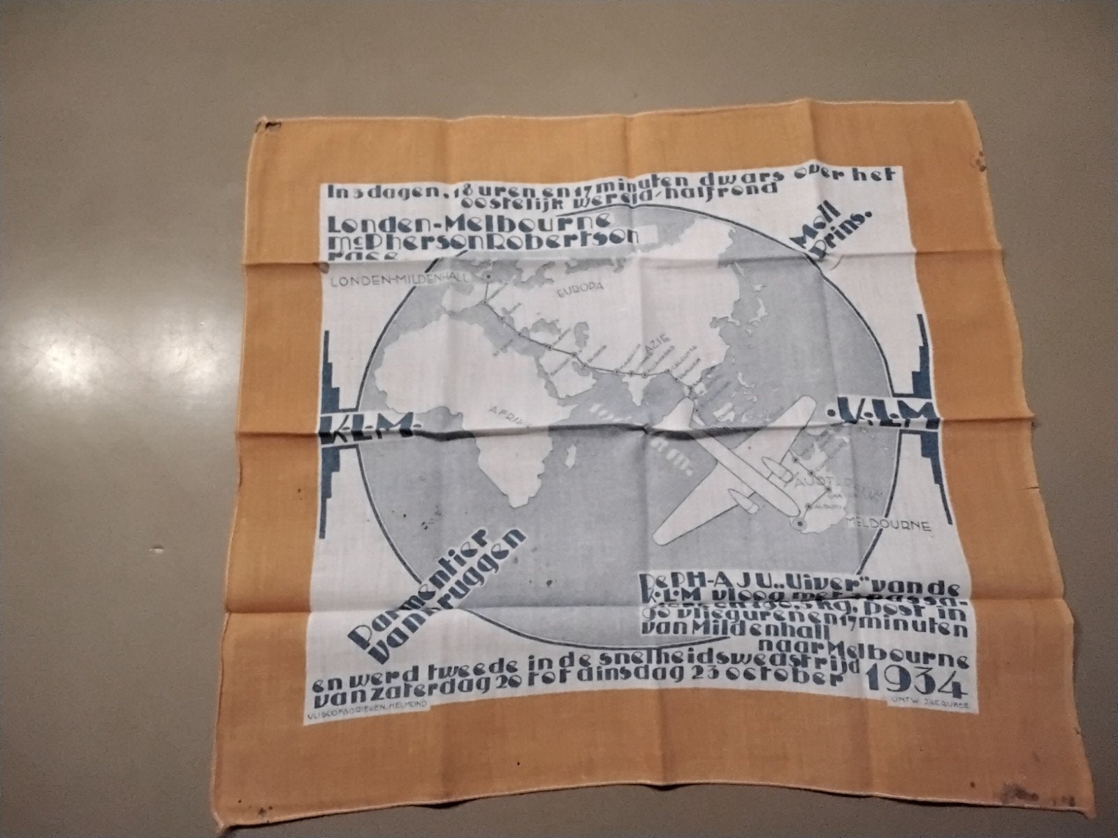 KLM Uiver MacRobertson Race 1934 Herdenkingszakdoek, Verzamelen, Verzenden, Gebruikt