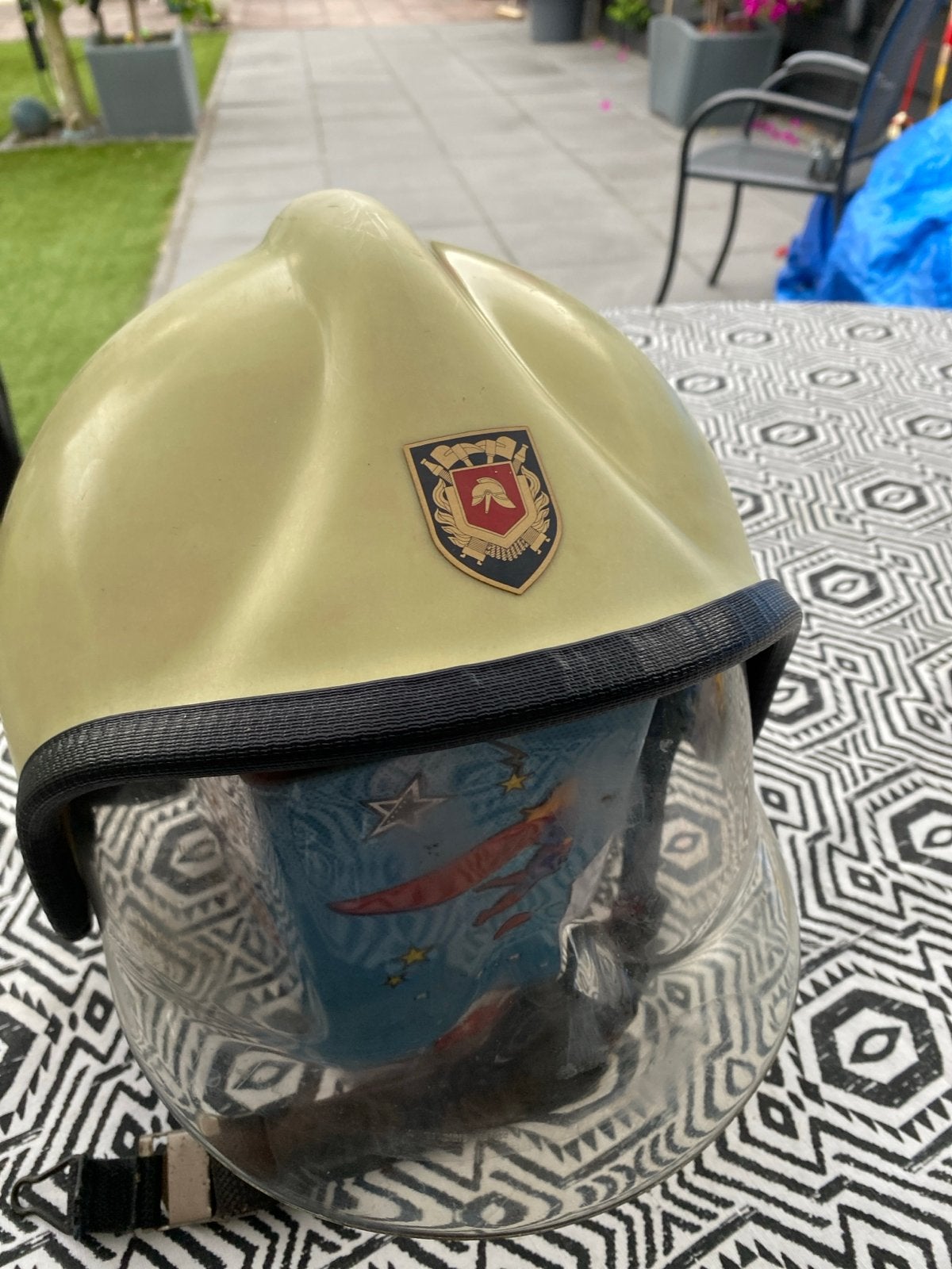Rosenbauer Heros brandweerhelm met vizier vintage, Ophalen of Verzenden, Gebruikt