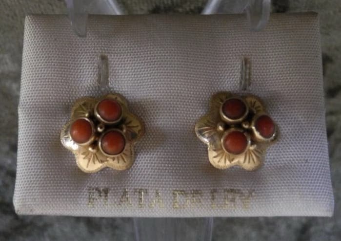 Gouden Oorbellen met Bloedkoraal Bloem / Zeeuwse Knoop stijl, Sieraden, Tassen en Uiterlijk, Ophalen of Verzenden, Goud