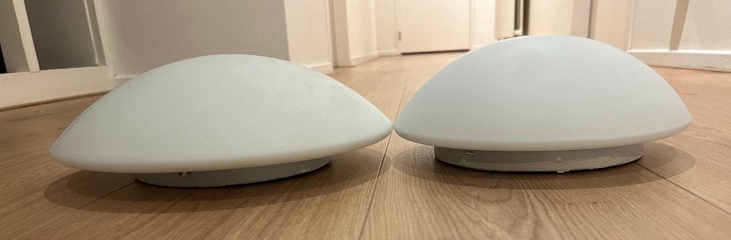 Twee glazen plafondlampen, Huis en Inrichting, Lampen | Plafondlampen, Ophalen, Gebruikt, E27 (groot), Wit