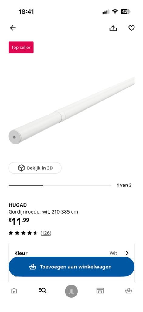 Ikea 2x HUGAD gordijnroede uitschuifbaar 210-385cm, Ophalen, Nieuw, 50 tot 100 cm, Minder dan 100 cm