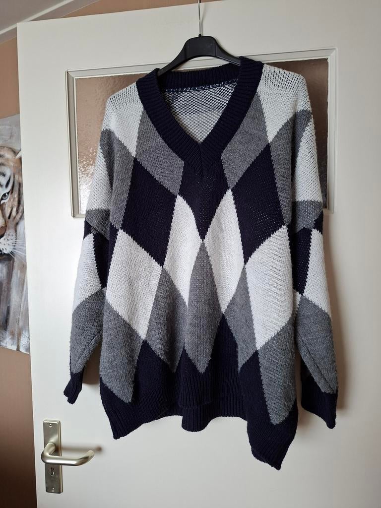 Argyle V-hals Trui - Blauw, Grijs, Wit, Made in Italy, Blauw, Maat 46/48 (XL) of groter, Ophalen of Verzenden