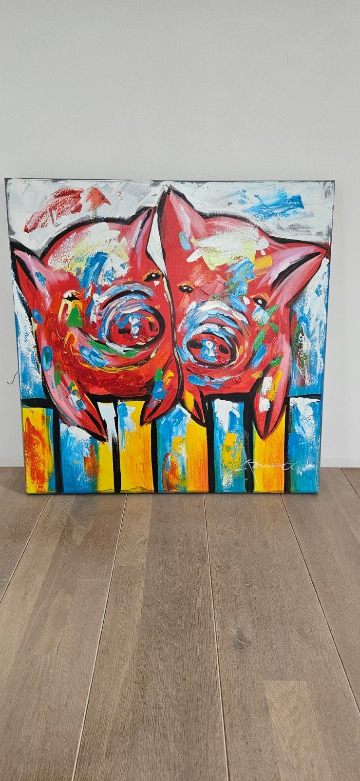 schilderij varkentjes 80x80 cm, Ophalen, Gebruikt, Schilderij, 75 tot 100 cm