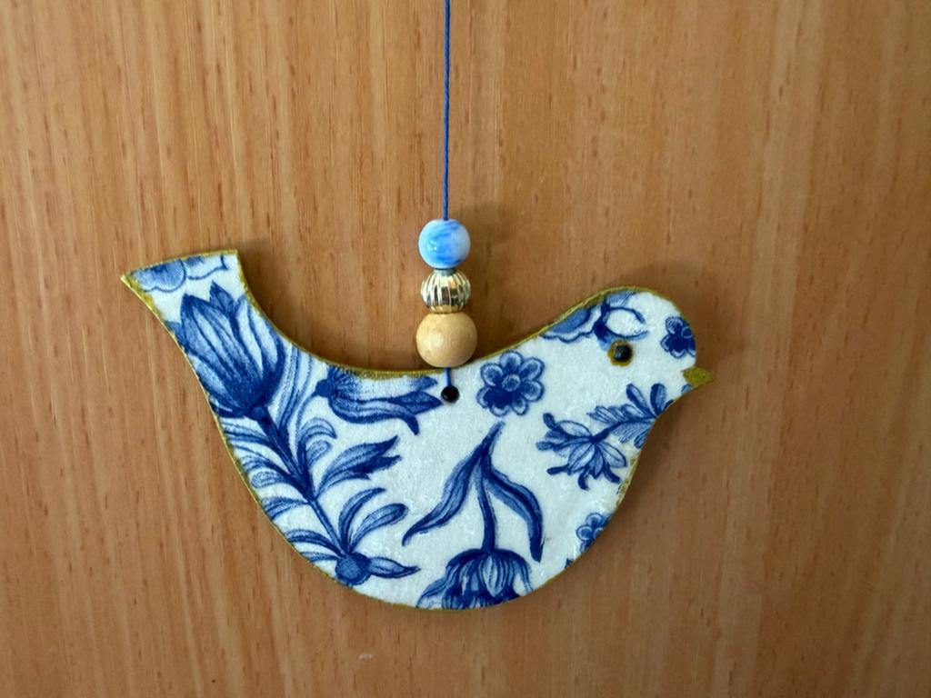 Delfts Blauw Vogel Hanger - Handgemaakt Decoratie, Hout, Brocante, Blauw, Nieuw