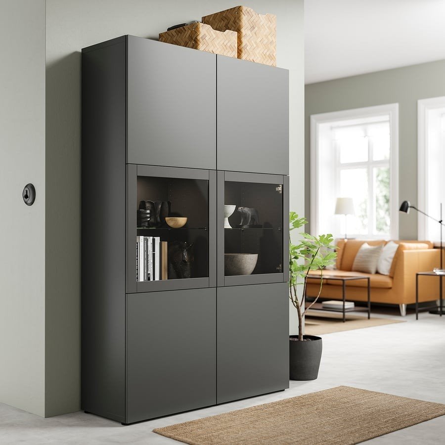 BESTÅ Opbergcombinatie kast met glazen deuren, donkergrijs/z, Huis en Inrichting, Kasten | Boekenkasten, Ophalen, Met deur(en)