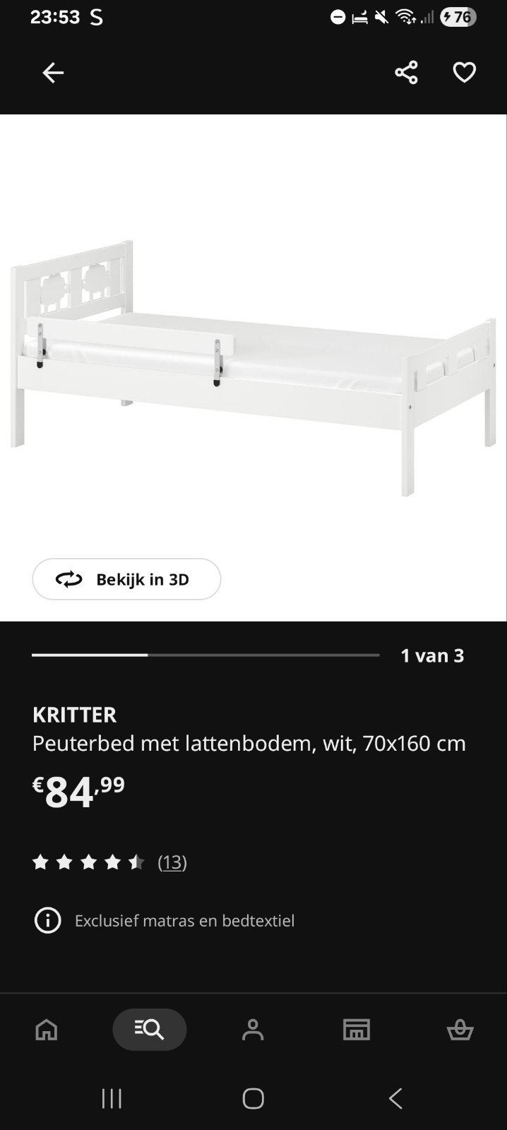 KRITTER Peuterbed met lattenbodem, wit, 70x160 cm, Ophalen, 140 tot 160 cm, 70 tot 85 cm, Lattenbodem