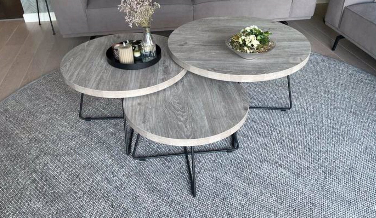 Moderne salontafelset, Huis en Inrichting, Tafels | Salontafels, Ophalen, 50 tot 100 cm, Rond, Zo goed als nieuw