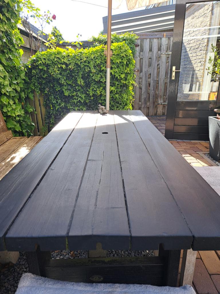 Zwarte houten tuintafel 180x70x70 cm, Ophalen, Gebruikt, Rechthoekig, Hout