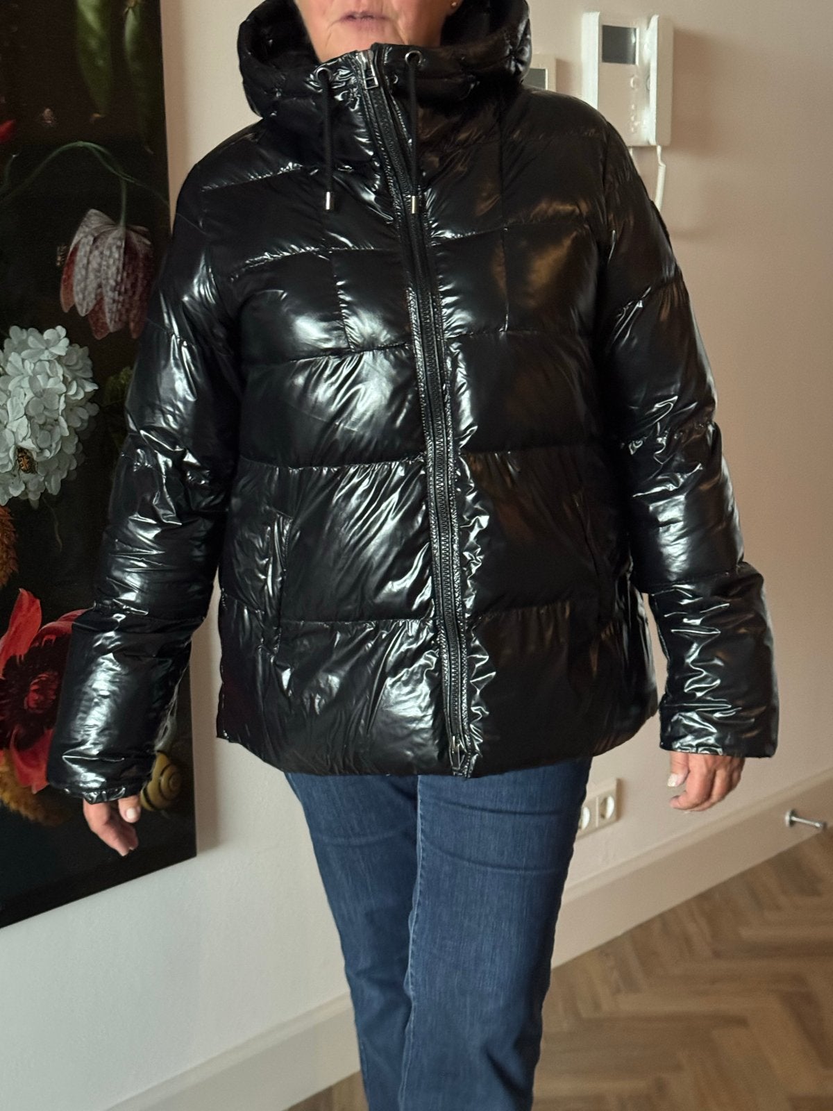 Pinko Zwarte Glanzende Puffer Jas met Capuchon, Kleding | Dames, Ophalen of Verzenden, Zo goed als nieuw, Maat 46/48 (XL) of groter