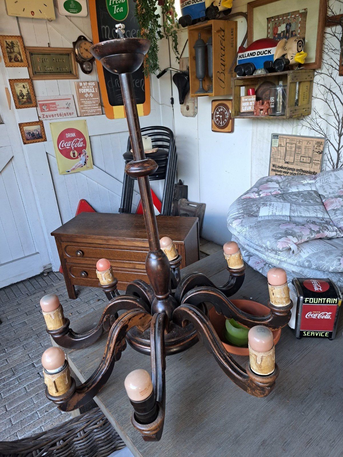 Antieke houten kroonluchter met 8 armen, Antiek en Kunst, Ophalen