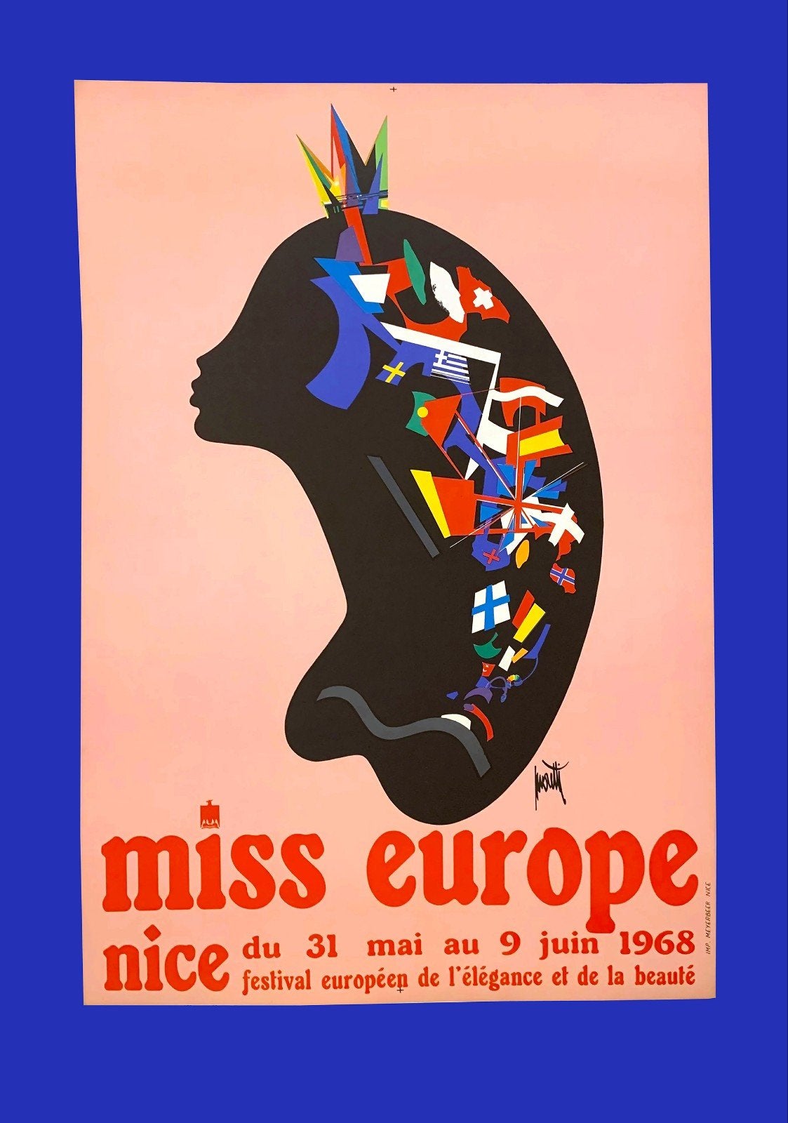 Vintage Miss Europe Nice 1968 Poster - Festival Elegantie, Ophalen of Verzenden, Gebruikt