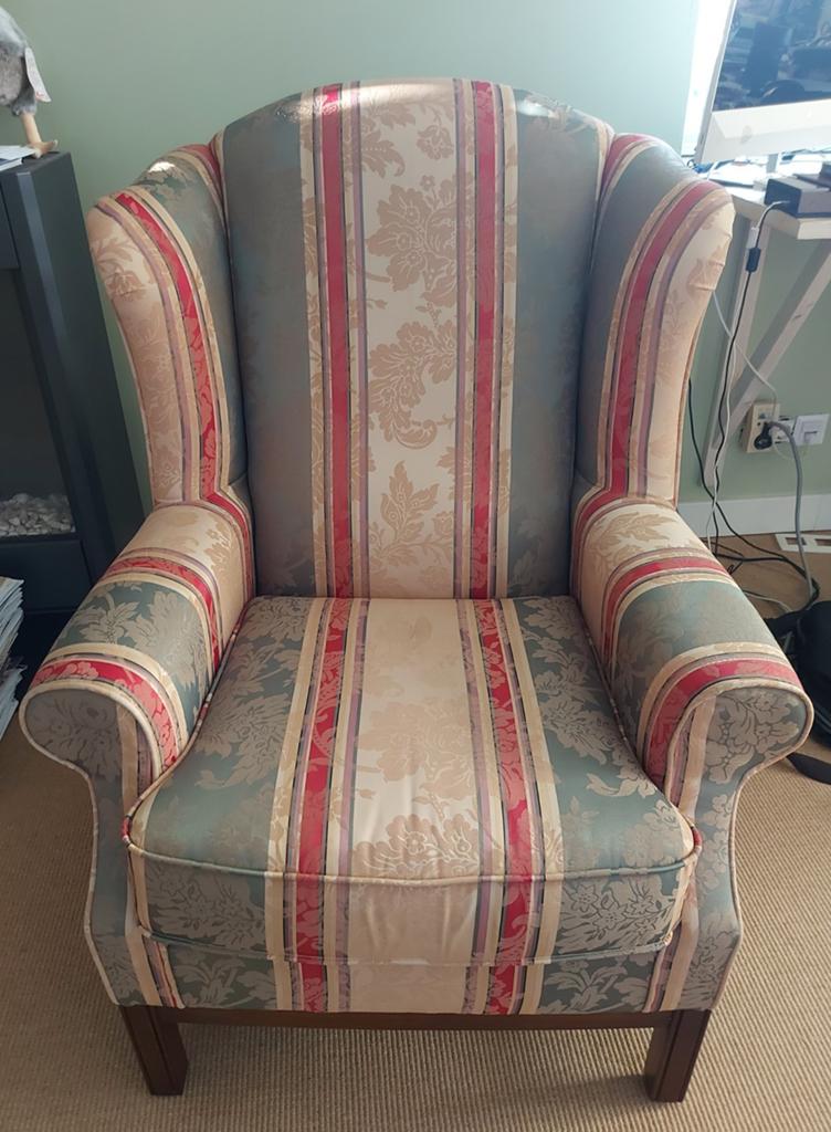 Oorfauteuil stoel fauteuil geel groen rood stof, Huis en Inrichting, Fauteuils, Ophalen, Landelijk klassiek, 75 tot 100 cm, Zo goed als nieuw