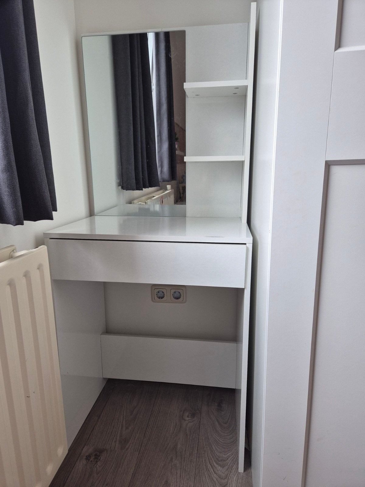 Witte kaptafel met spiegel, lade en 2 open schappen, Ophalen, Gebruikt, 100 tot 150 cm, 50 tot 100 cm