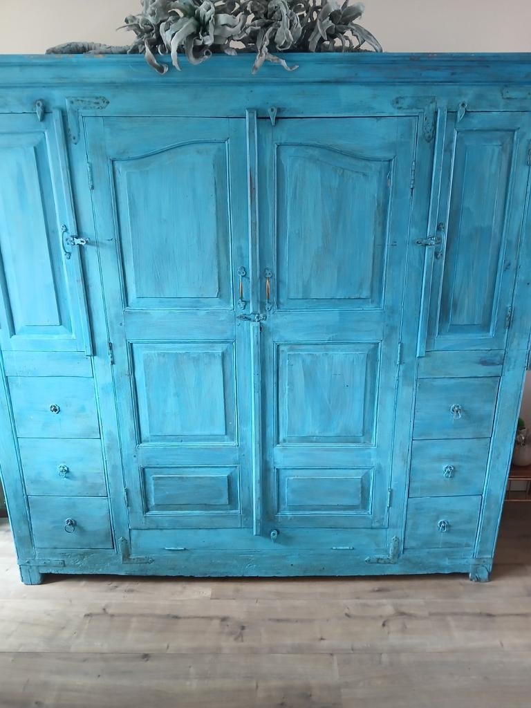 Unieke turquoise vintage kast met veel opbergruimte, Ophalen, Gebruikt, Vintage, Bohemien, 150 tot 200 cm