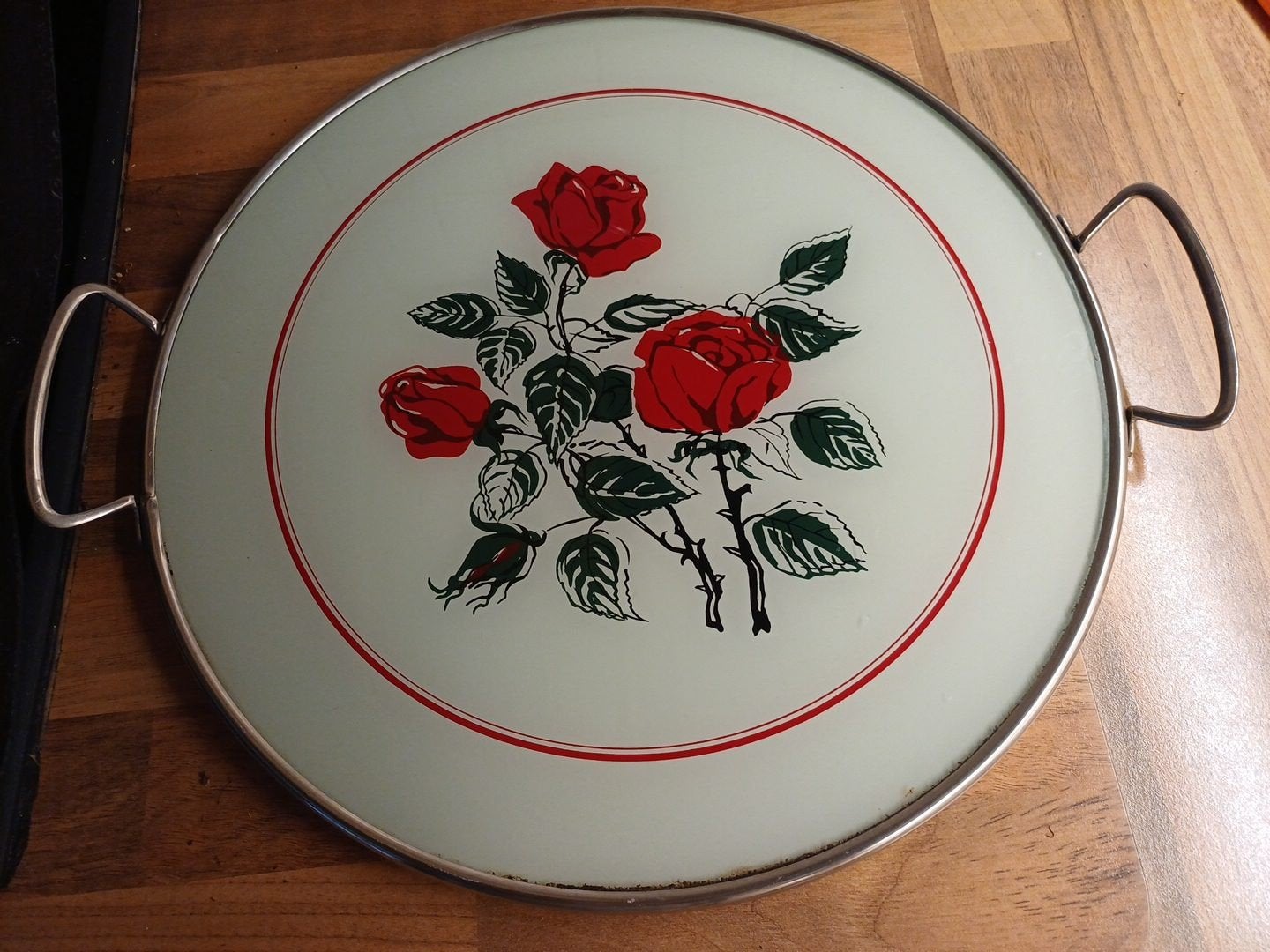 Rond dienblad met rozenprint en handvatten, Gebruikt, Met afbeelding/tekst, Rond, Ophalen of Verzenden