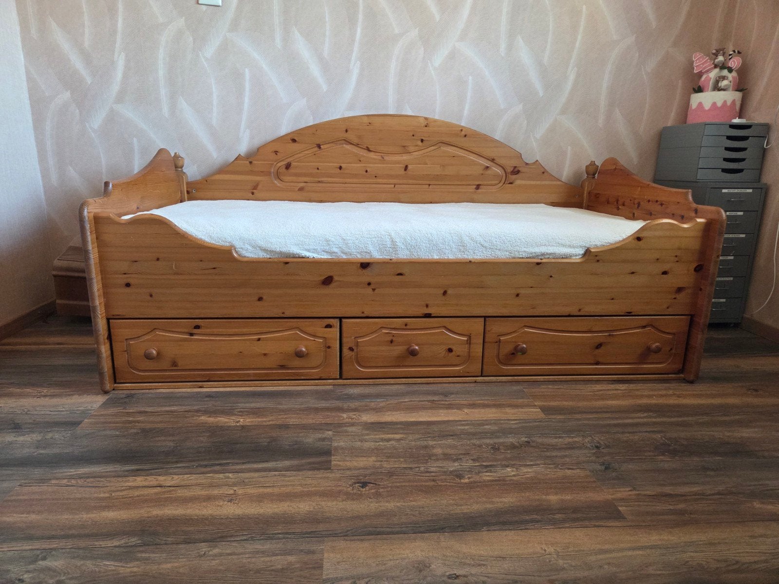 Grenen houten bed met lades, matras en lattenbodem, Ophalen, Gebruikt, 90 cm, Eenpersoons
