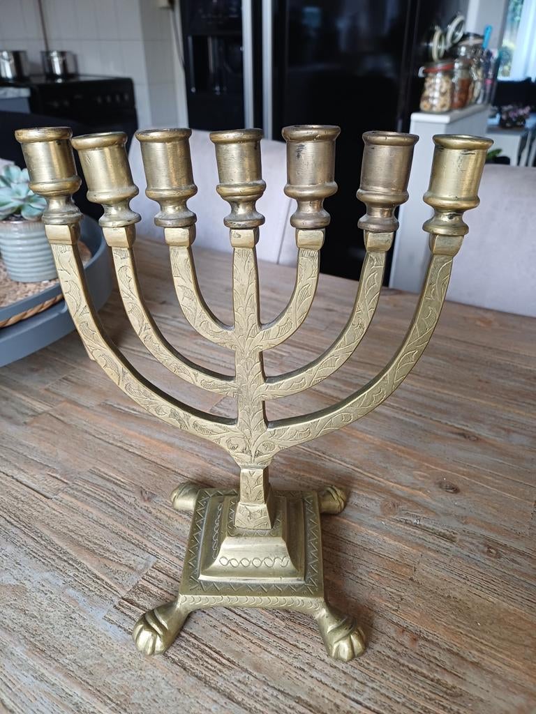 Oude menora kandelaar messing/koper, Ophalen, Koper of Brons