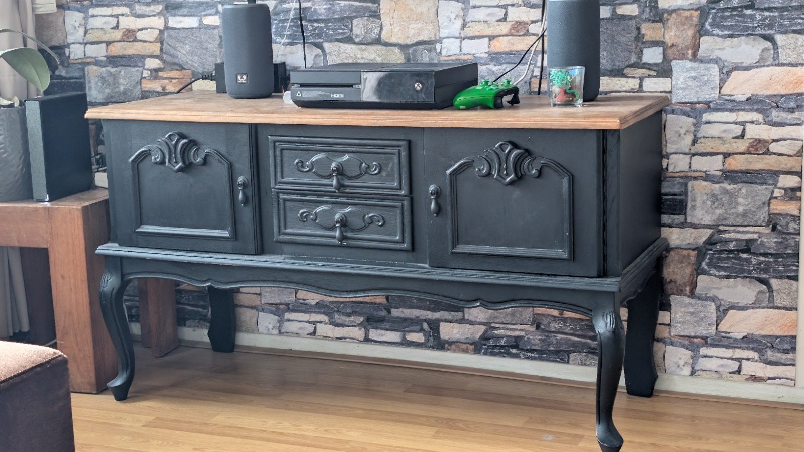Zwart dressoir met houten blad - Vintage stijl, Antiek en Kunst, Ophalen