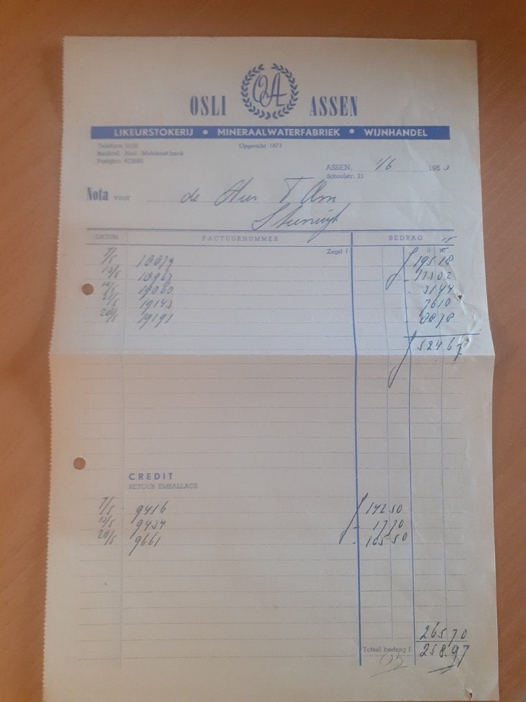 Assen distilleerderij OSLI  factuur 1950, Ophalen of Verzenden, Zo goed als nieuw, Overige typen