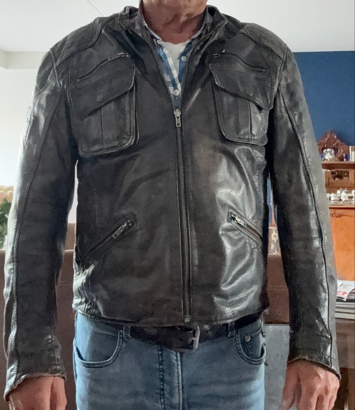 Heren Leren Motorjas - Zwart/Bruin - Maat L/XL, Motoren, Ophalen of Verzenden, Tweedehands, Heren, Jas | leer