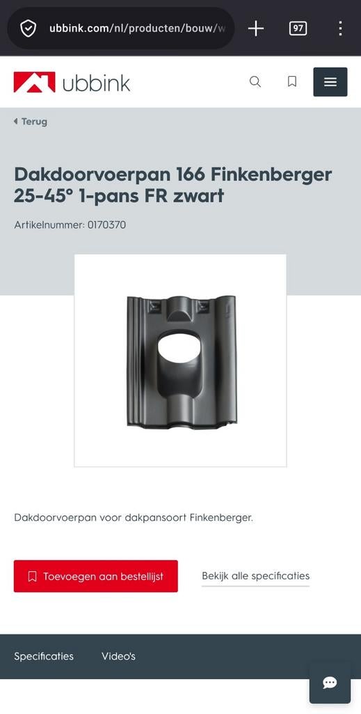 Dakdoorvoerpan 166 Finkenberger 25-45 1-pans FR zwart, Doe-het-zelf en Verbouw, Dakpannen en Dakbedekking, Kunststof, Zwart, Nieuw