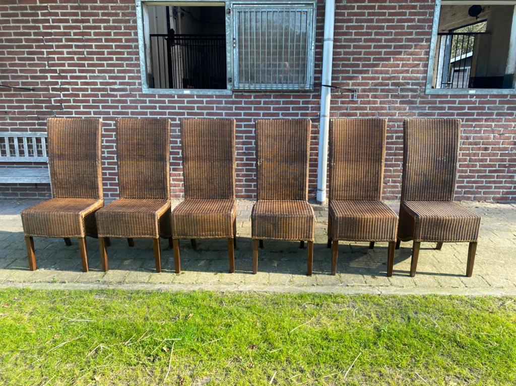6 originele Loyd Loom stoelen donker bruin, Hout, Gebruikt, Ophalen of Verzenden, Vijf, Zes of meer stoelen