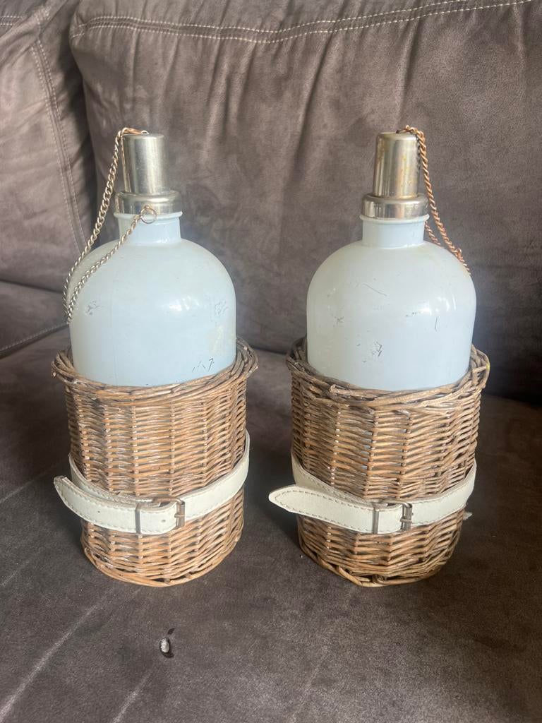 2 Vintage Olielampen Glas / Riet., Antiek en Kunst, Antiek | Lampen, Ophalen of Verzenden